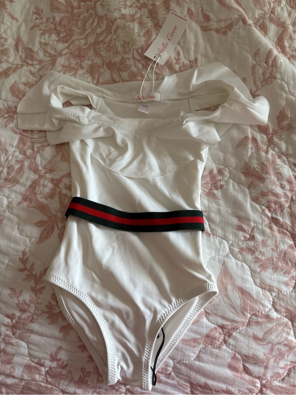 Stella Cove White Ruffle One-Piece with Black and Red Accent Waistband